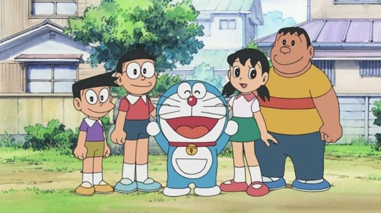 All the main characters of the show are in one frame Suneo, Nobita, Doraemon, Shizuka, and Gian.