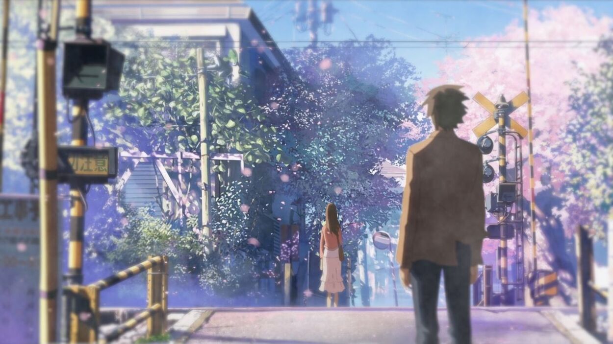 In a scene from the anime, The male lead is standing while the female is walking in a distance.