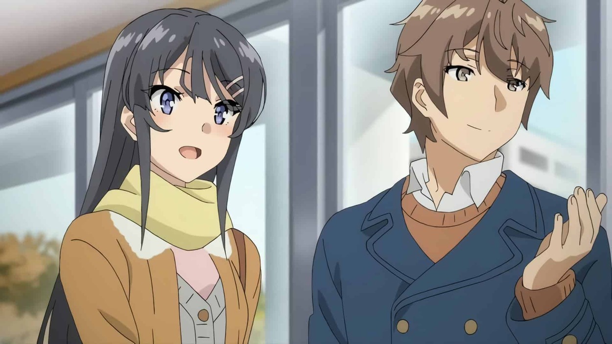 A scene from the Anime, the male and the female leads look joyful 