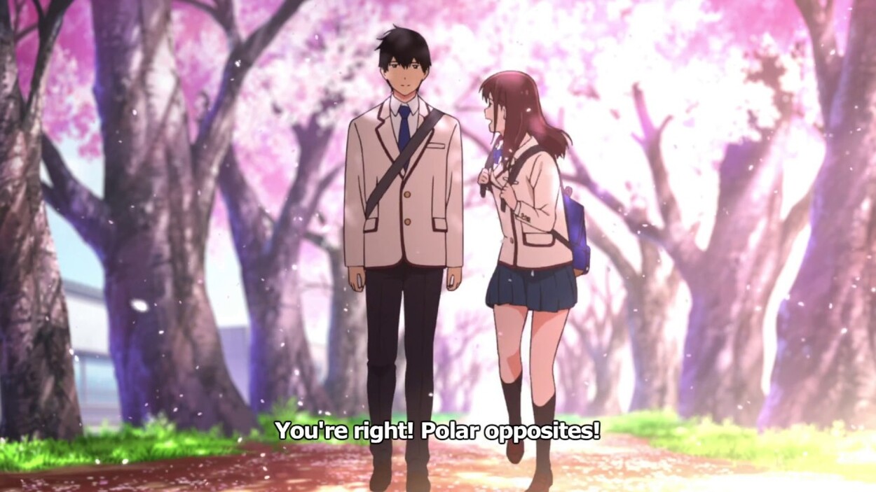 In a scene from the Anime, The female lead looks happy while the male lead remains calm.