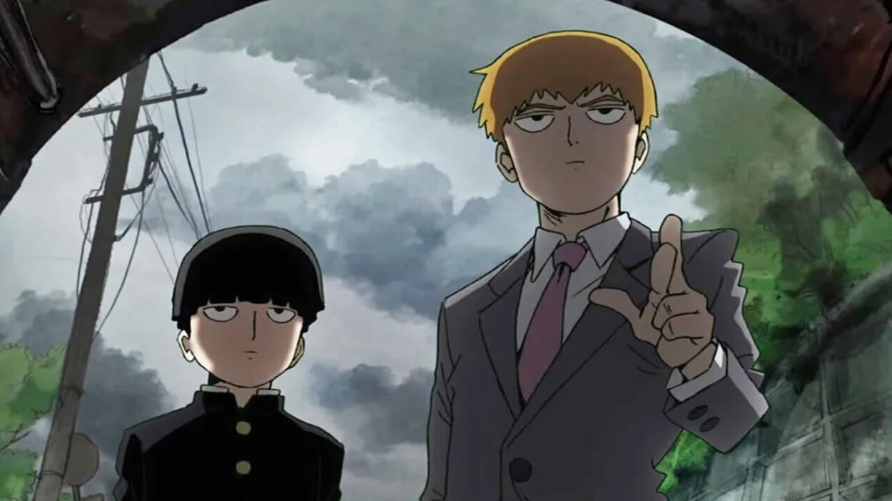 Arataka Reigen and mob standing together with Reigen pointing his finger somewhere 