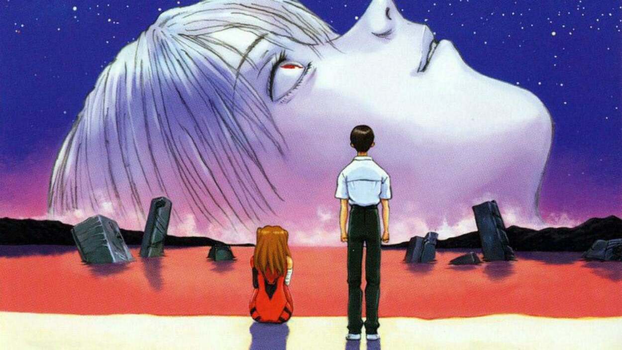 A Scene from the Anime with a girl sitting in desperation and a boy standing.