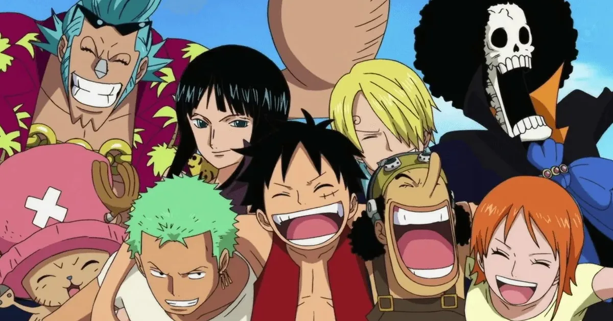 Monkey D. Luffy laughing with his crew