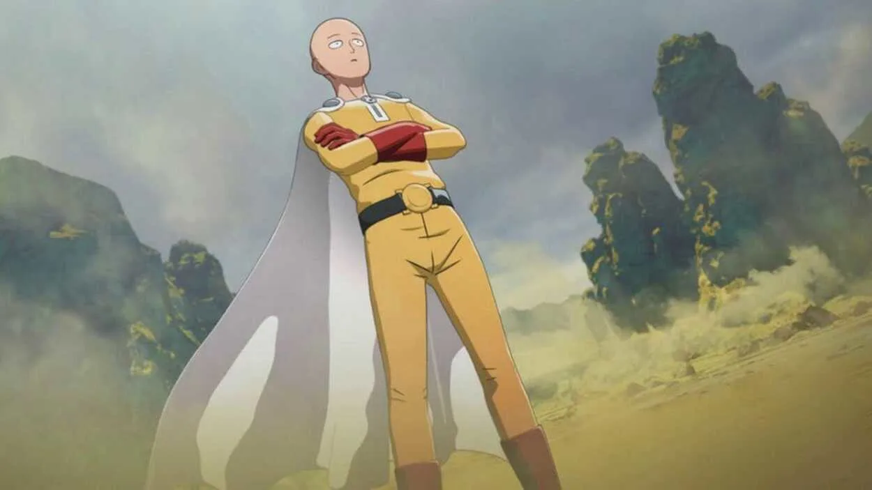 In a scene from Anime, Saitama stands with his hands folded 