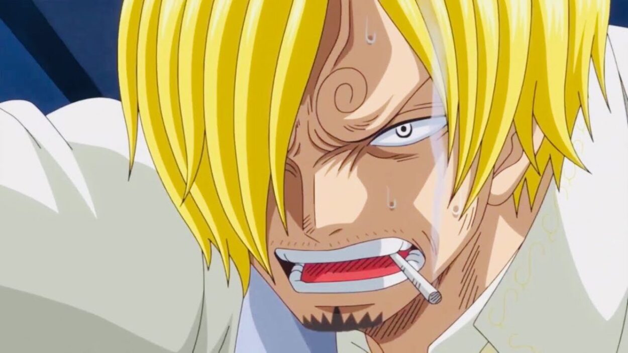Sanji looks stressed while smoking a cigarette.