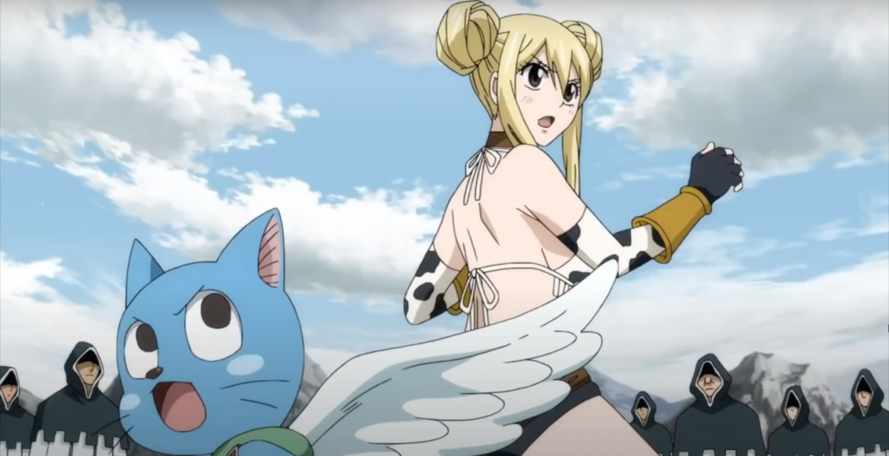 Two of the main characters of Fairy Tail - Lucy Heartfilia and Happy 