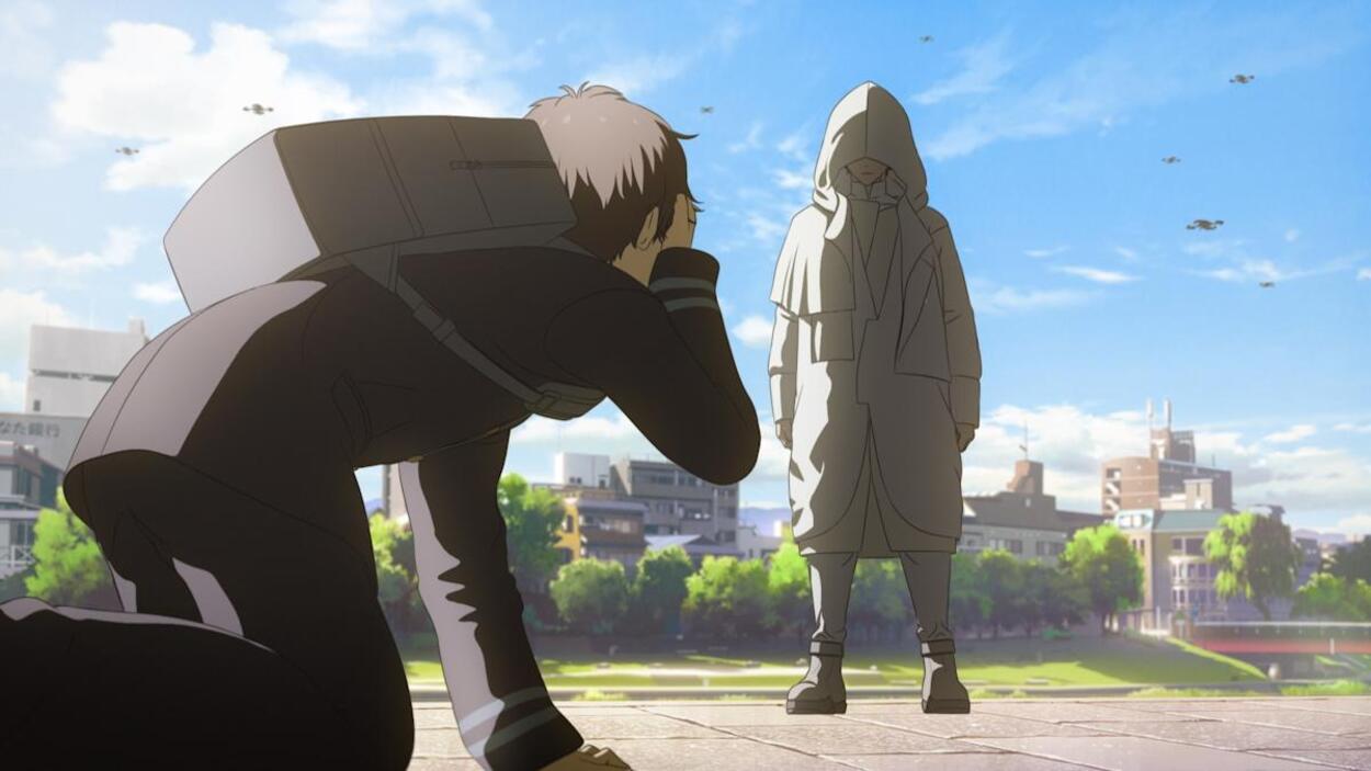 In a scene from the Anime, a character is bent down on his knees while the other one stands. 