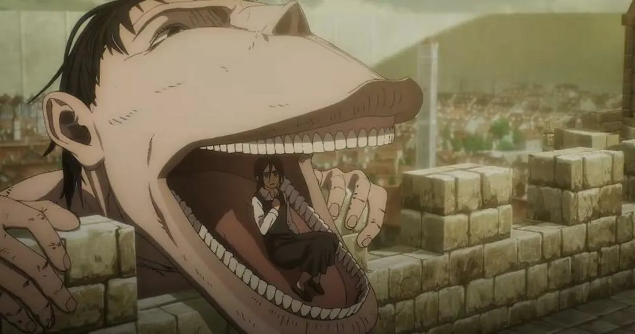 In a scene from Anime, A character sitting in the mouth of a titan.   