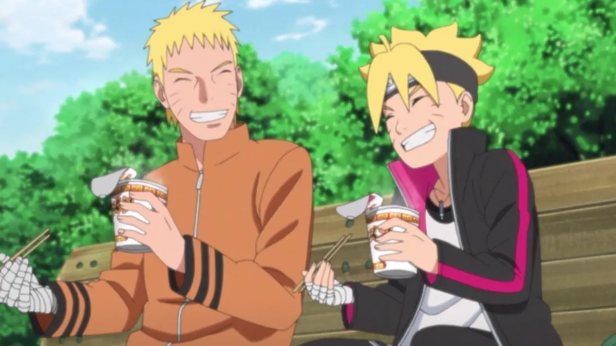 Naruto and boruto sitting together smiling and eating instant noodles