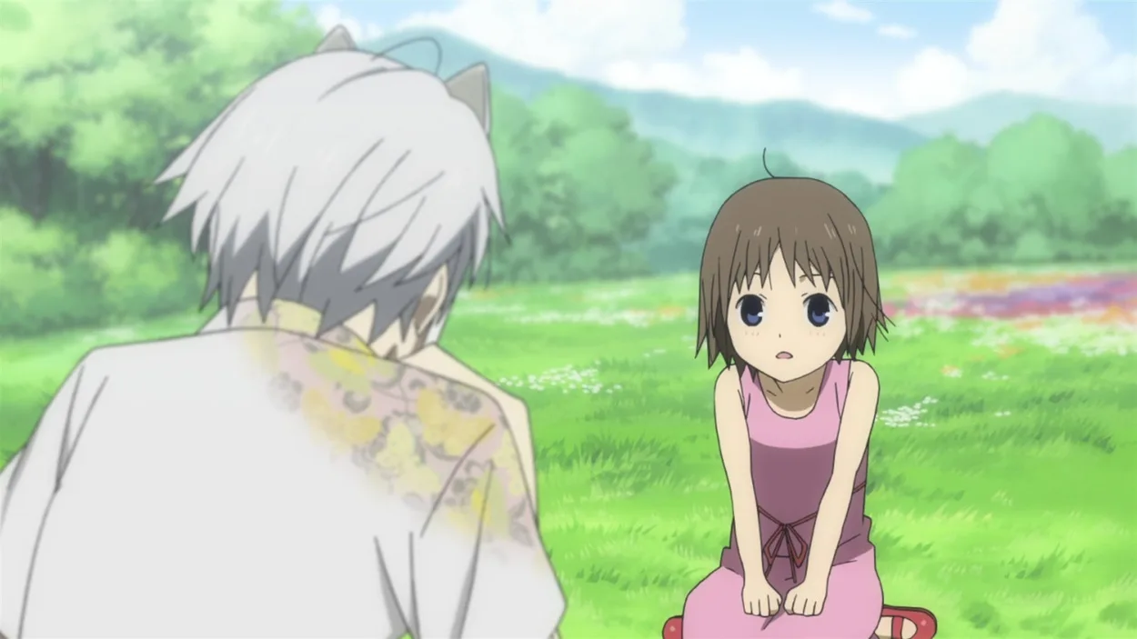 In a scene from Anime, Hotaru  sitting and listens carefully.