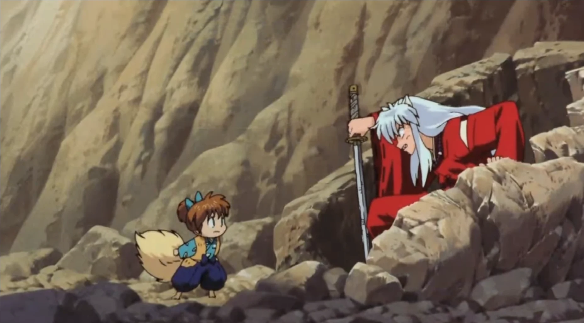 Inuyasha has silver, waist-length hair that symbolizes his mixed demon and human ancestry. 