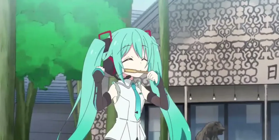 Hatsune Miku has twin-tail-styled turquoise hair that is cut to her waist. 
