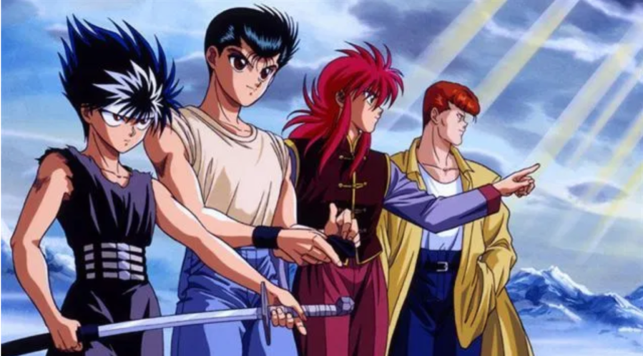 In a scene from the Anime. All the main protagonists stand together.