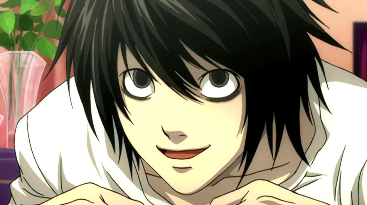 In a scene from Anime, Death Note, L smiles