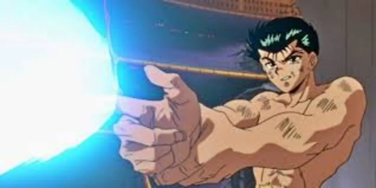 In a scene from the Anime, Yusuke Urameshi fires a ray blast from his finger while looking injured 