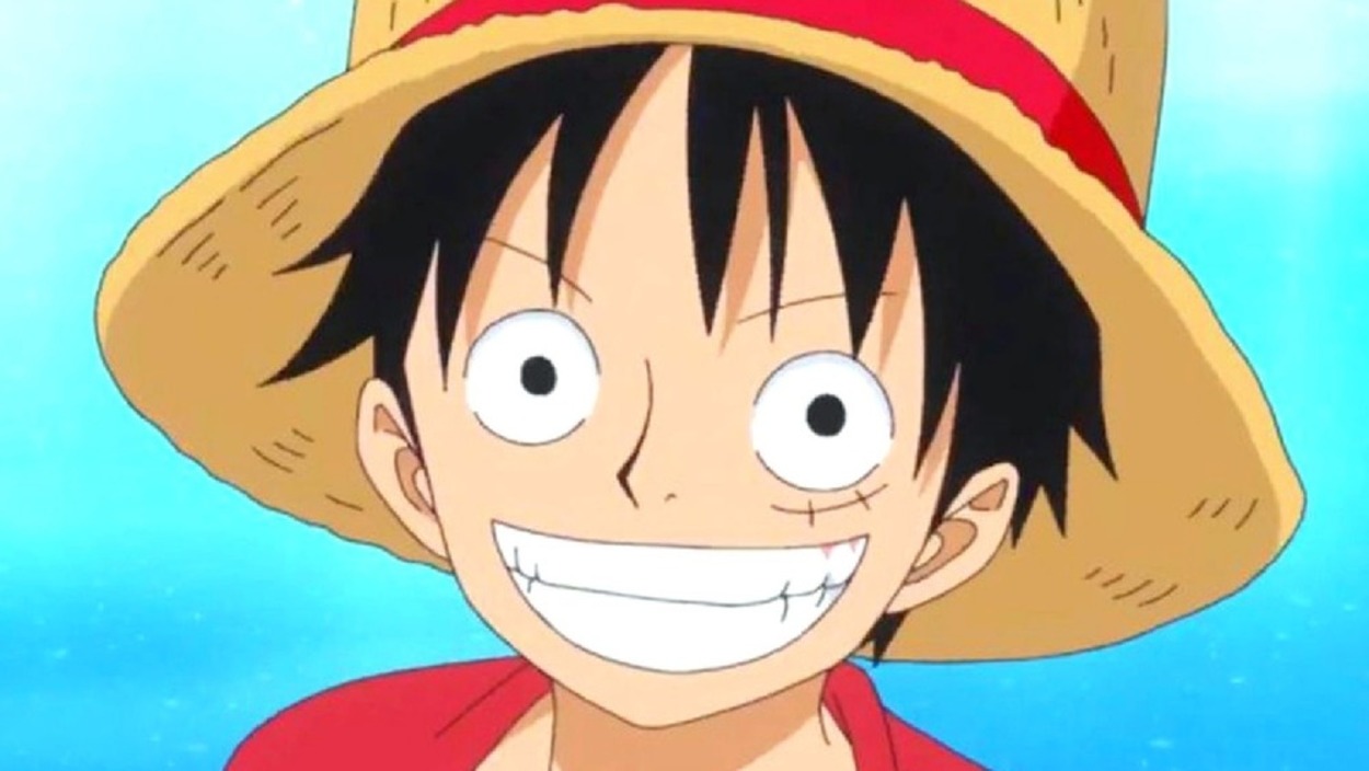 A scene from Anime, One Piece, Monkey d. Luffy smiles