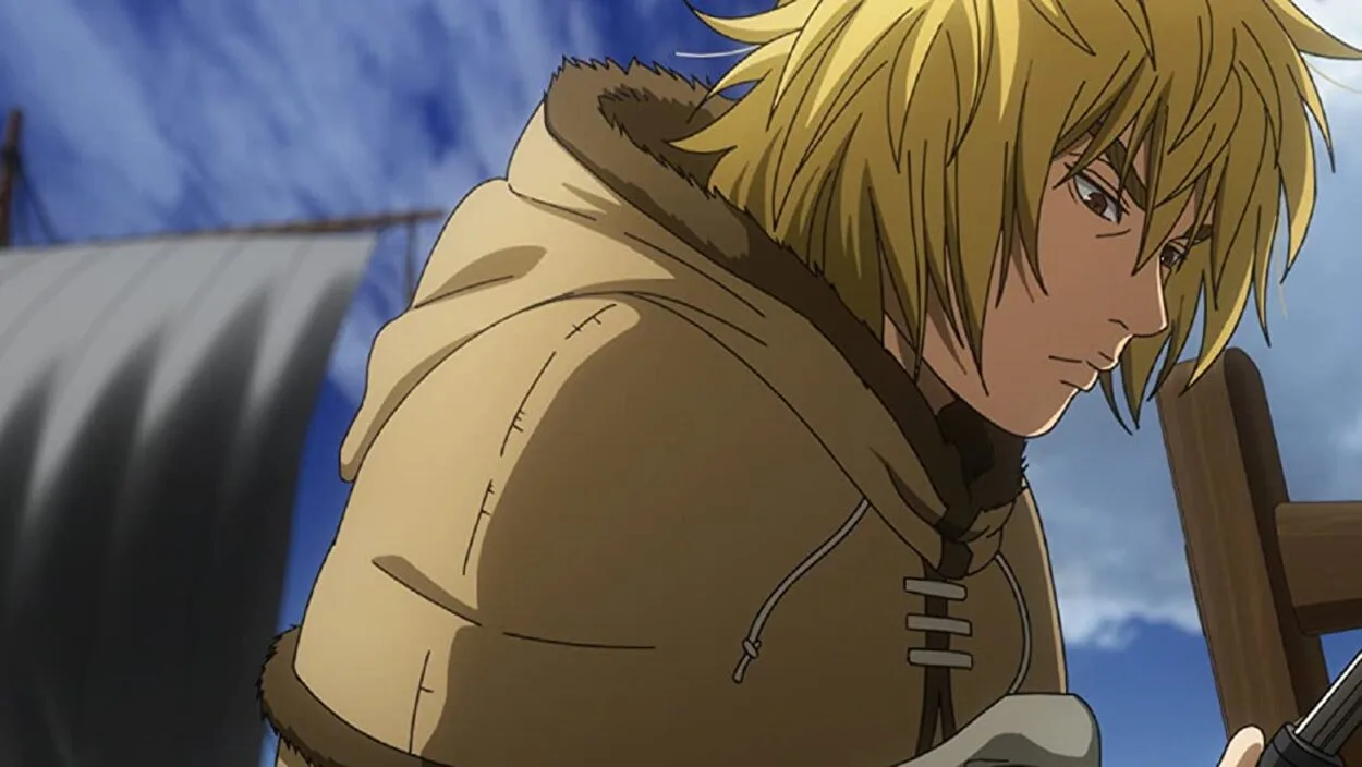 In a scene from the Anime, Thorfinn looks sad and depressed.