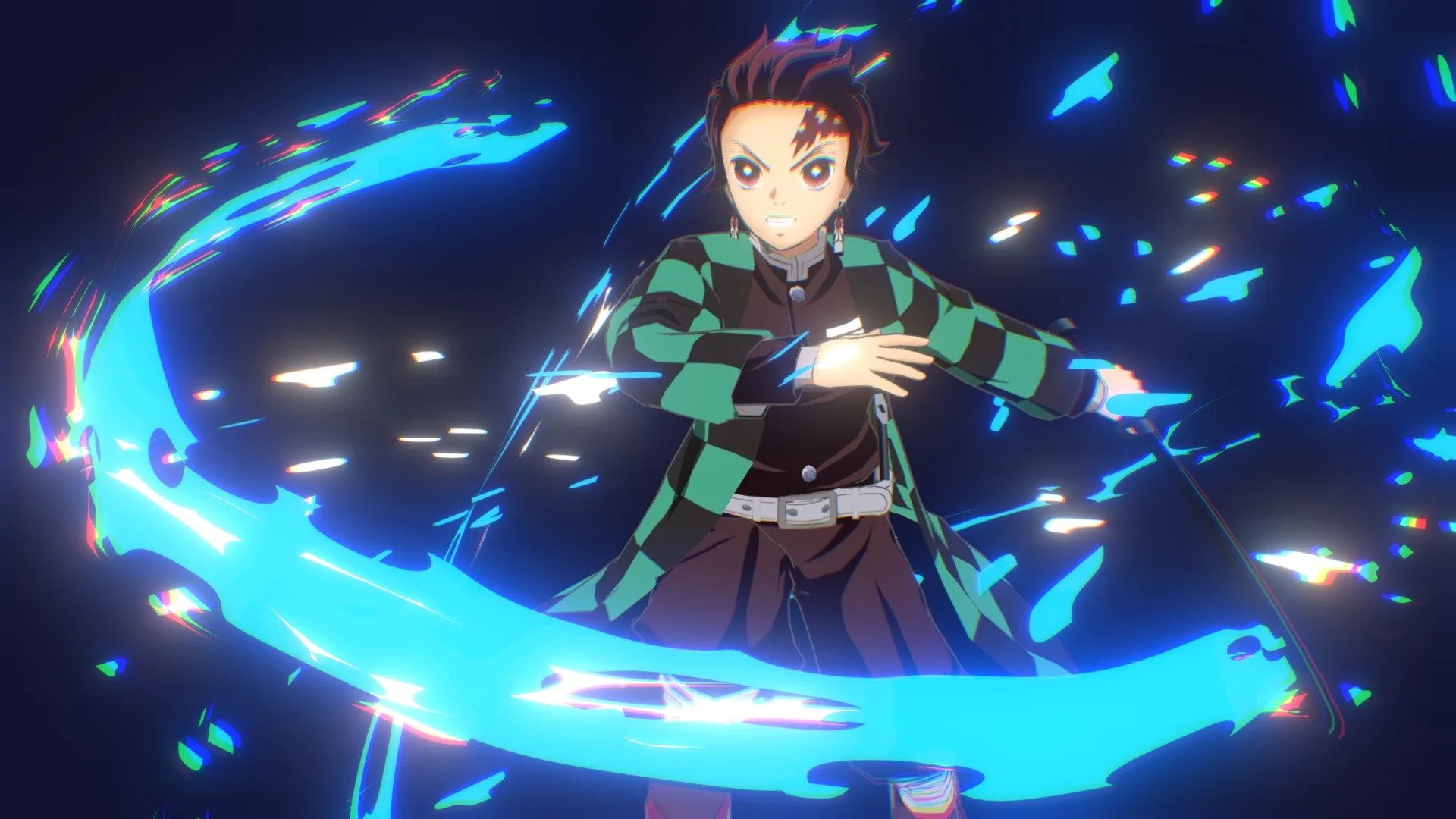 Tanjiro from Demon Slayer in green and black clothes with a sword in his hand