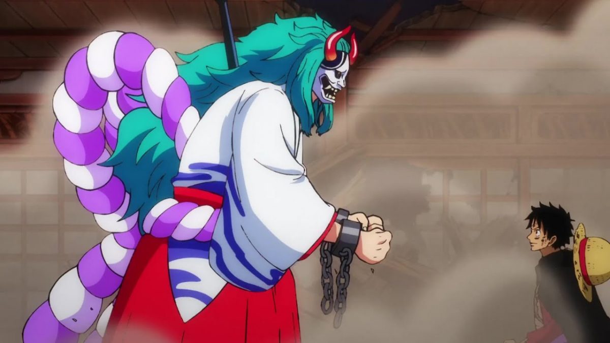 Yamato sporting a Hannya mask and an extremely figure-obscuring kimono