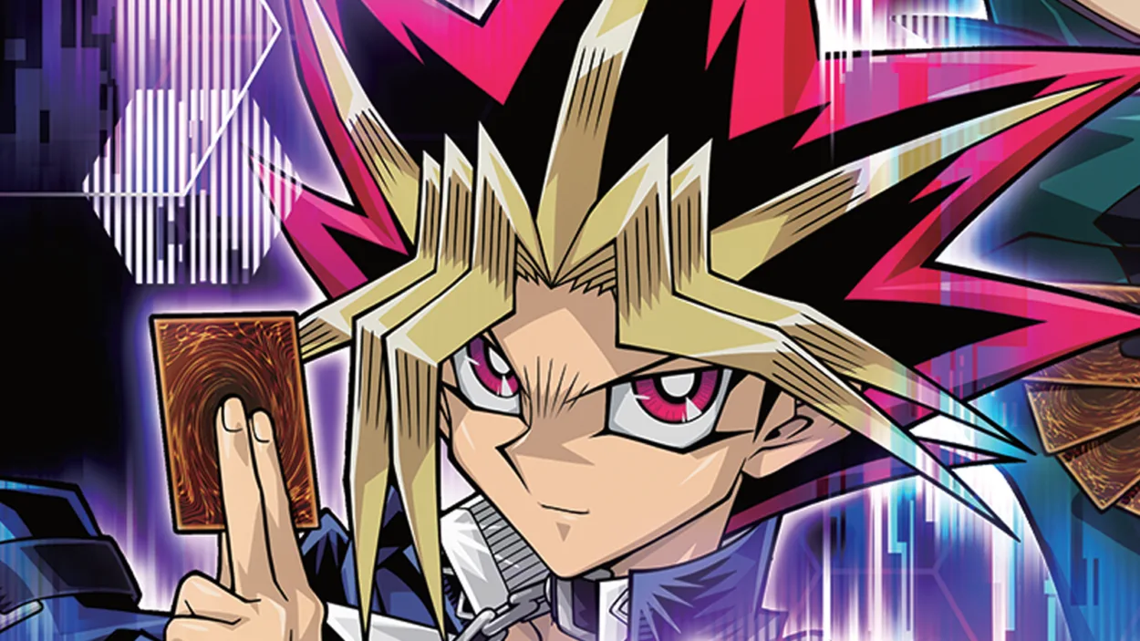 Character from Yu-Gi-Oh! game with pink and gold hair, pink eyes, and a card in his fingers